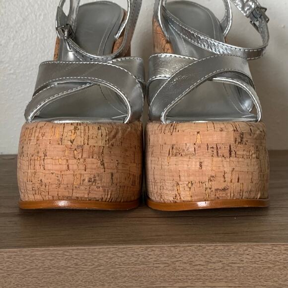 Schutz Pattie Platform Pump Heels sz 8 US Chunky Sandal Silver Cork Cyber Y2K - Picture 8 of 13